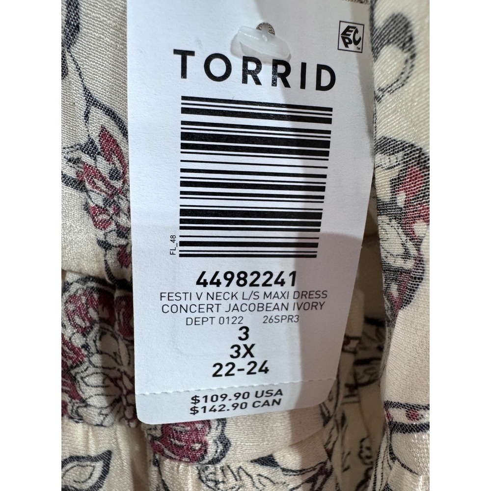 Torrid Women's 3X Ivory Maxi Dress Festi V Neck Jacobean Floral Long Sleeve New - Picture 5 of 7